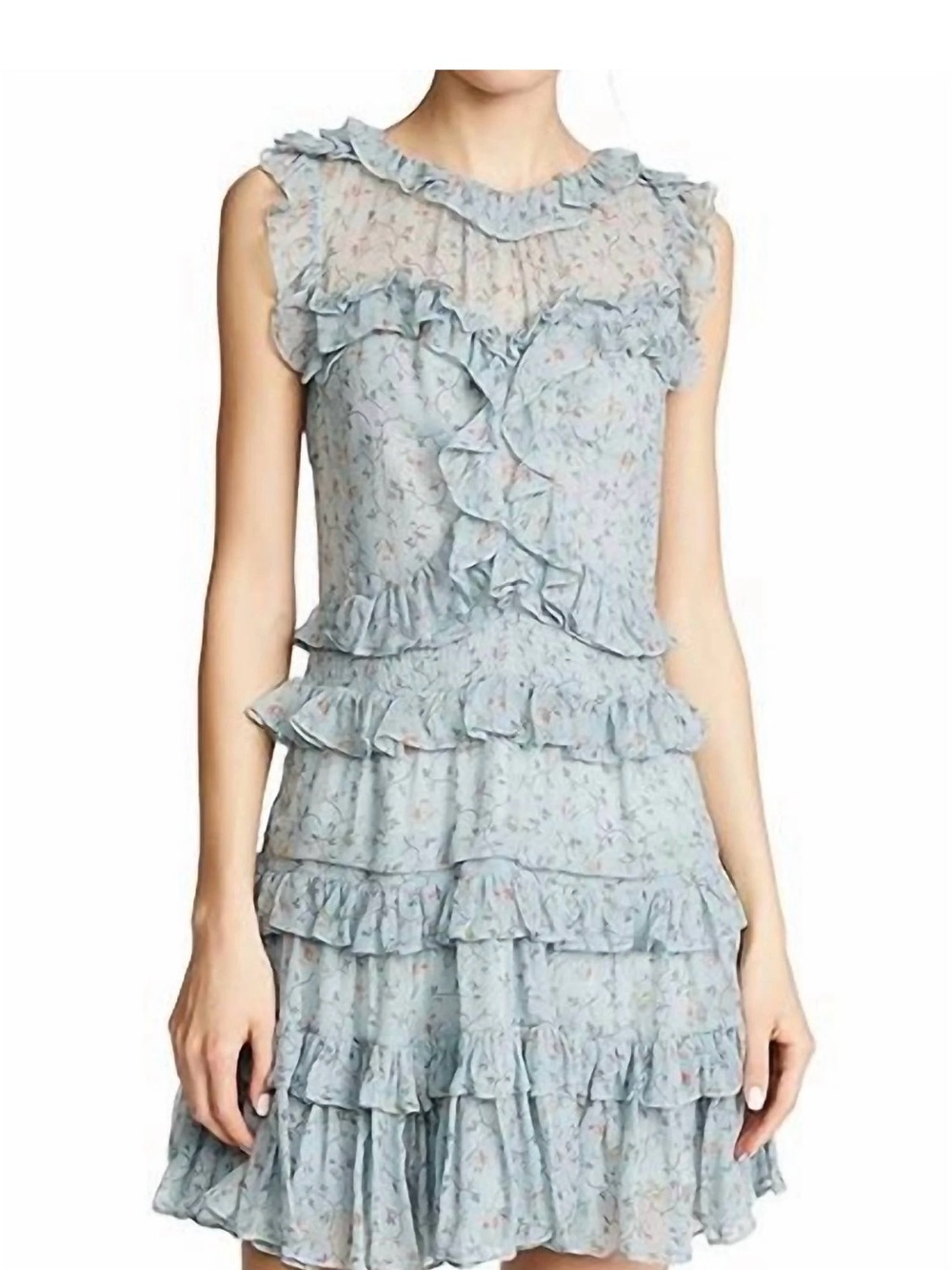 Rebecca Taylor Blue Vine Floral Ruffle  Silk Chiffon Mini Dress Size 0 or XS